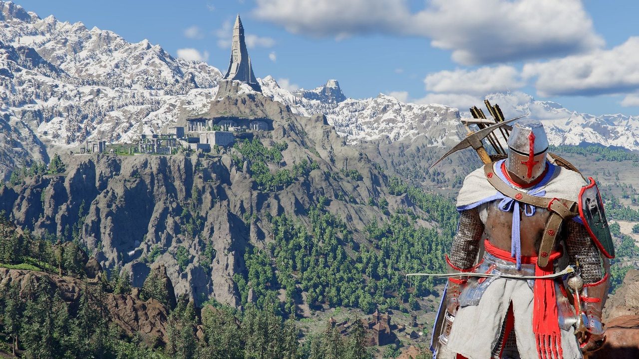 Ksatria menatap benteng gunung di Crimson Desert